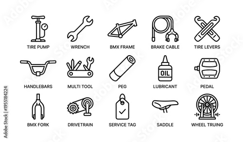 Essential bmx bike repair tools and accessories: wrench, tire pump, saddle, pedal, lubricant