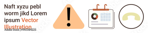 Business planning, communication tools, scheduling, alerts, phone support, corporate workflow. Elements include warning alert, calendar infographic and phone receiver. Communication tools