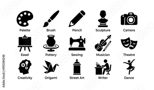 Creative arts icons: palette, brush, pencil, sculpture, more