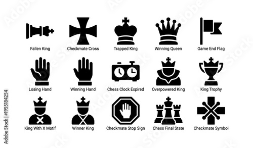 Chess symbols: fallen king, winning queen, checkmate cross, game end flag, trophy
