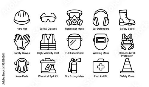 Essential safety equipment icons: hard hat, safety glasses, respirator, ear defenders, boots