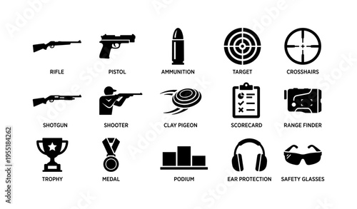 Shooting sport symbols: rifle target pistol medal trophy icons set