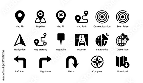 Various map icons including navigation, compass, and location pins