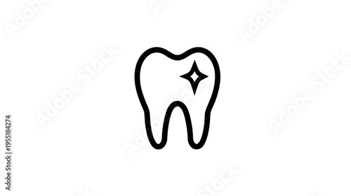 Black and white illustration of a tooth with a sparkling highlight on a white background