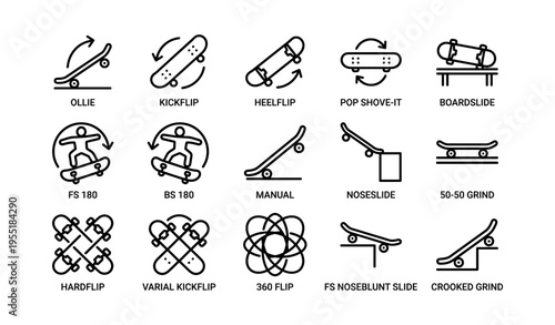 Skateboarding tricks: ollie, kickflip, heelflip, grinds, and flips illustrated