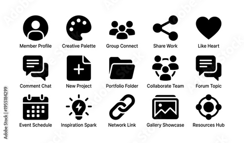 Assorted digital icons set: communication, collaboration, and creativity symbols
