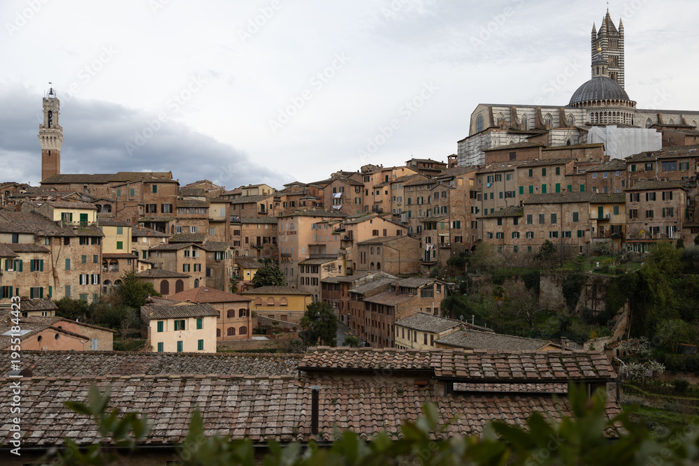 Fototapeta premium Historic Siena With Terracotta Roofs. Charming Medieval City Of Siena With Layered Tile Roofs And Majestic Cathedral Spire In Moody Sky Setting
