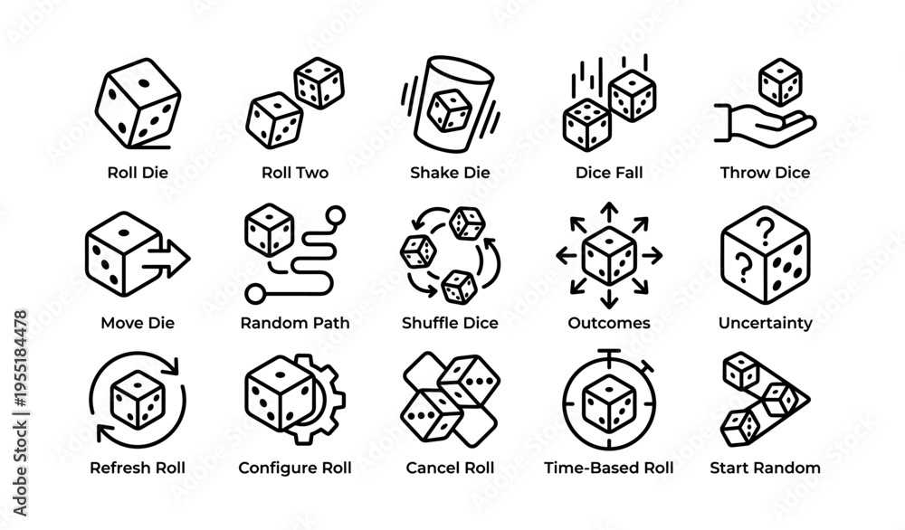 Fototapeta premium Dice icons: roll, shake, shuffle, and more - 15 dice illustrations