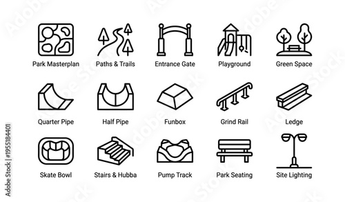 Skatepark design elements: masterplan, trails, playground, skate features, seating, lighting