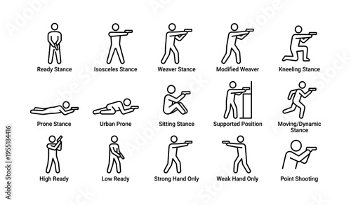 Illustration of shooting stances with stick figures in various positions