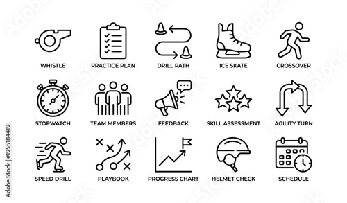 Team sports training icons: drills, feedback, performance assessment