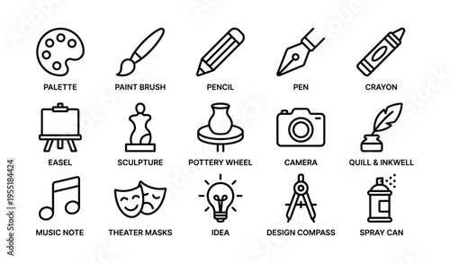 Art icons: tools and symbols including palette, paintbrush, pencil, and camera
