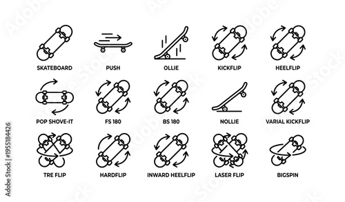 Skateboard trick guide: ollie, kickflip, pop shove-it, nollie, bigspin techniques illustrated