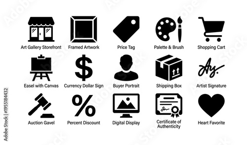 Icon set representing art gallery elements including paintings and shopping
