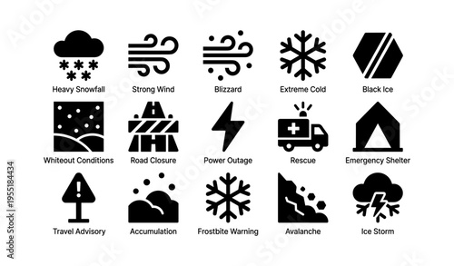 Weather warning icons: snowfall, wind, blizzard, cold, ice, power, rescue