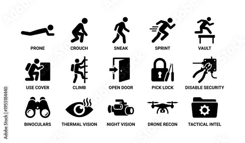Silhouette action icons: sneak, sprint, climb, and more for tactical activities