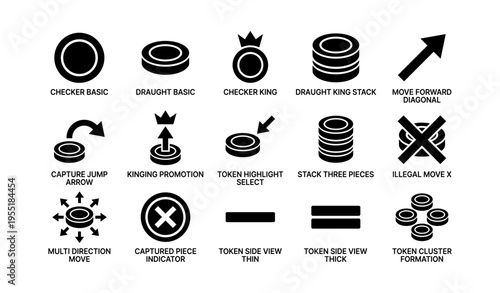 Checker game icons: basic moves, stacks, and promotion symbols for strategy games