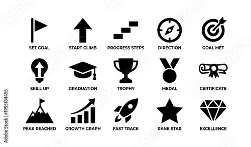 Achievement icons set: goals, progress, success, skills, growth