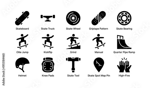 Skateboard icon set featuring tricks and equipment for skateboarding enthusiasts