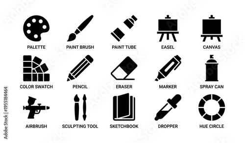 Art tools icons: palette, brush, easel, canvas, pencil, eraser, marker, spray can