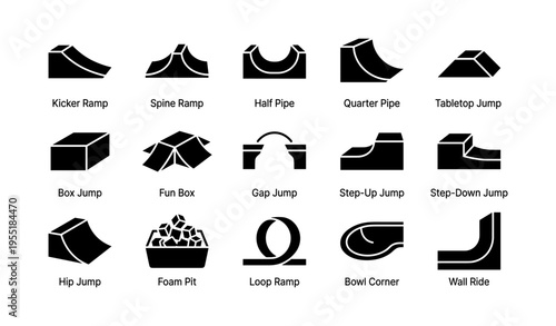 Skatepark elements: ramps, pipes, jumps, and corners illustrated in icon set