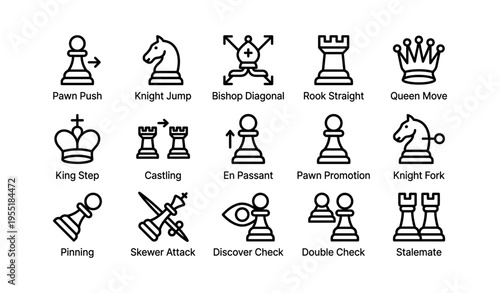 Chess moves illustrations: strategies for pawns, knights, bishops, rooks, and queens