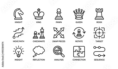 Chess icon set: knight, king, pawn, queen, rook, strategy symbols