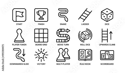 Board game icons set with dice, tokens, ladder, and snake symbols