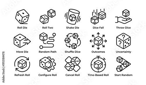 Dice icons: roll, shake, shuffle, and more - 15 dice illustrations