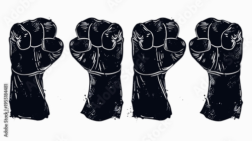 Graphic illustration of four fists raised upwards, silhouetted against white