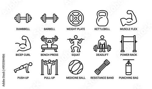 Fitness icon set: dumbbell, barbell, kettlebell, muscle, squat, push-up, pull-up