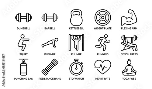 Fitness icons including dumbbell kettlebell flexing arm yoga pose stopwatch and more