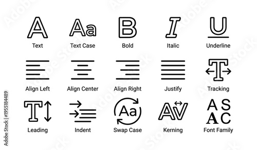 Typography icons set: bold, italic, underline, align, tracking, kern