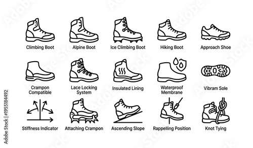 Outdoor footwear and climbing equipment icons for adventure and hiking