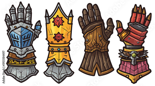 Four ornately decorated gauntlets/gloves in blue, gold, brown, and red with outlined details