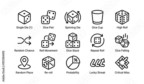 Dice game icons collection: single die to critical miss symbols for gameplay