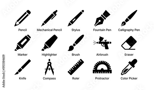 Artistic drawing and writing tools collection icons set