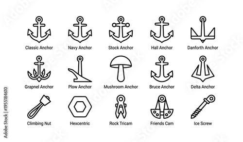 Icons of anchors and climbing equipment with various designs and styles