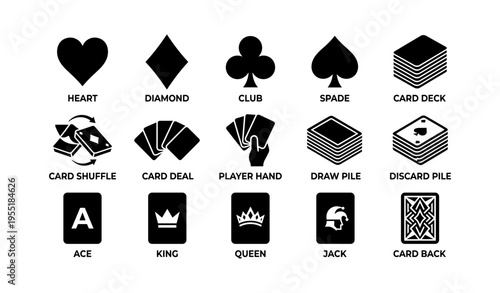 Icons of card deck symbols and poker elements for game design