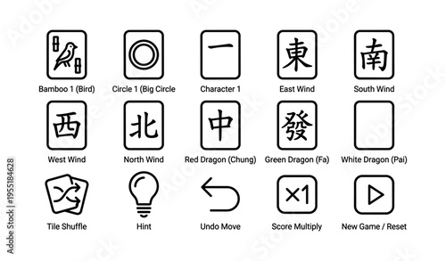 Mahjong game icon set with directions, dragons, and action buttons