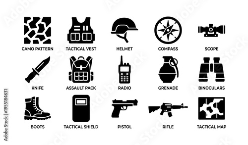 Military gear icons set featuring tactical equipment and tools