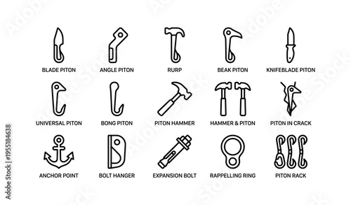 Climbing equipment icons: pitons, hammer, anchor, bolt, rappelling ring