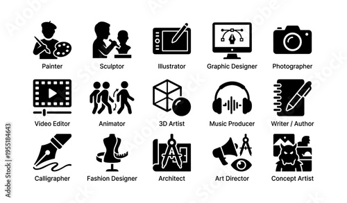 Icons representing various creative professions in arts and design