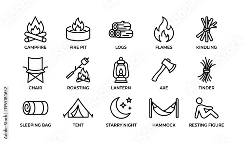 Camping icon set featuring campfire, lantern, tent, axe, and hammock symbols
