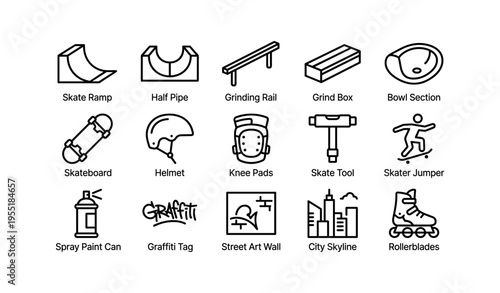 Skatepark icons: ramps, boards, pads, tools, graffiti, and skating elements