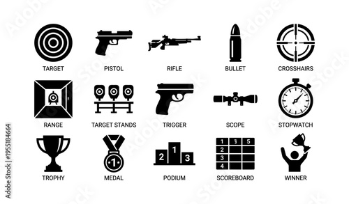 Shooting sports equipment icons set featuring guns and accessories