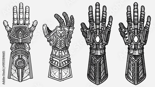 Four detailed, armored glove illustrations, each showing a unique gauntlet design