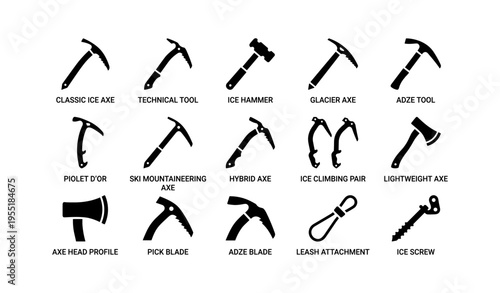 Collection of ice climbing and mountaineering axes with accessories