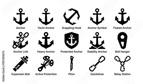 Set of nautical and climbing anchor icons in black silhouette design