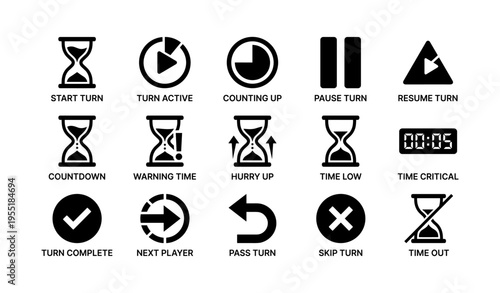 Board game timer icons: countdown, pause, resume, warning, timeout symbols